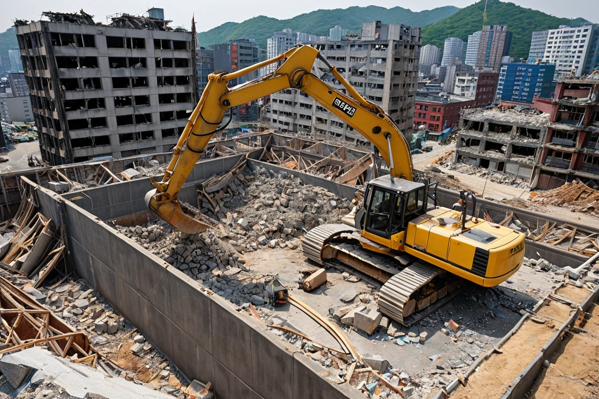 서울 봉천동의 구조물 철거 현장에서 철거 장비가 철골 구조물에 작동 중인 모습. 철거 중인 건물의 구조와 주변 환경이 잘 드러나며, 철거 작업의 세부적인 과정이 보이는 사실적인 장