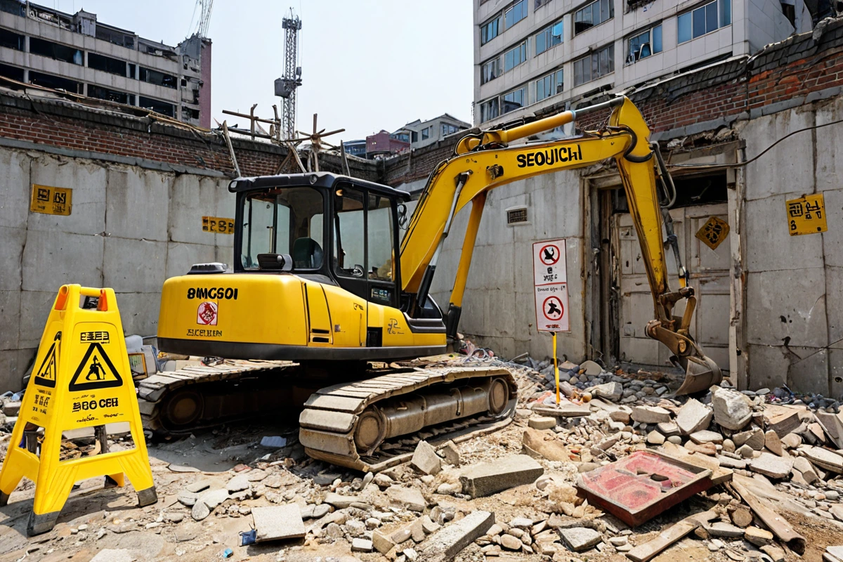 서울 봉천동의 노후된 건물 철거 현장에서 안전 경고 표지판과 철거 장비가 정리된 모습. 건물의 구조적 결함이 드러난 벽면과 철거 작업을 위한 안전 테이프로 둘러싸인 공간이 자연스럽