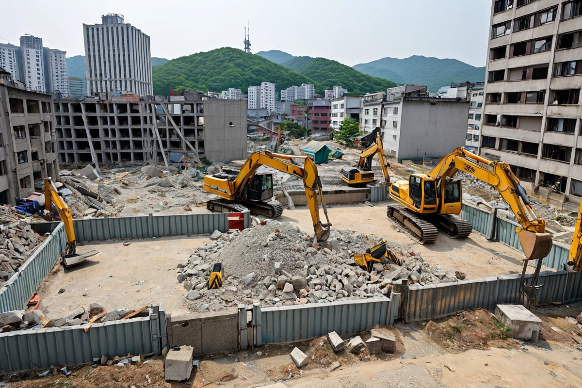 서울 봉천동의 노후된 주택 철거 현장, 구조적 안정성 점검을 위한 안전 울타리와 철거 장비가 정리된 모습, 주변 건물과의 거리감을 고려한 소음 차단 천막이 설치된 상황