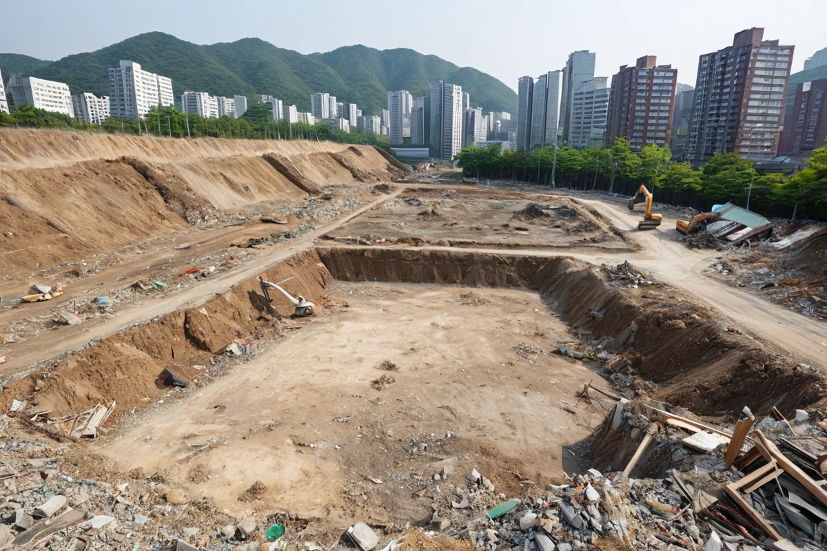 서울 봉천동의 도시 개발 지역에서, 철거된 건물의 잔해가 청소된 후 깔끔하게 정리된 토지의 모습. 철거 후 남은 토지가 평평하게 정리되어, 새로운 개발을 기대하게 하는 분위기.