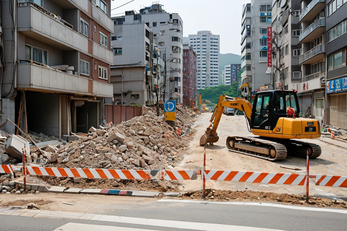 서울 봉천동의 밀집된 주택가에서 철거 작업 중인 중장비가 주변 건물과 도로를 보호하기 위해 주변 환경을 철저히 점검하는 장면. 철거 중인 건물 주변에 안전 테이프와 경고 표지가 설