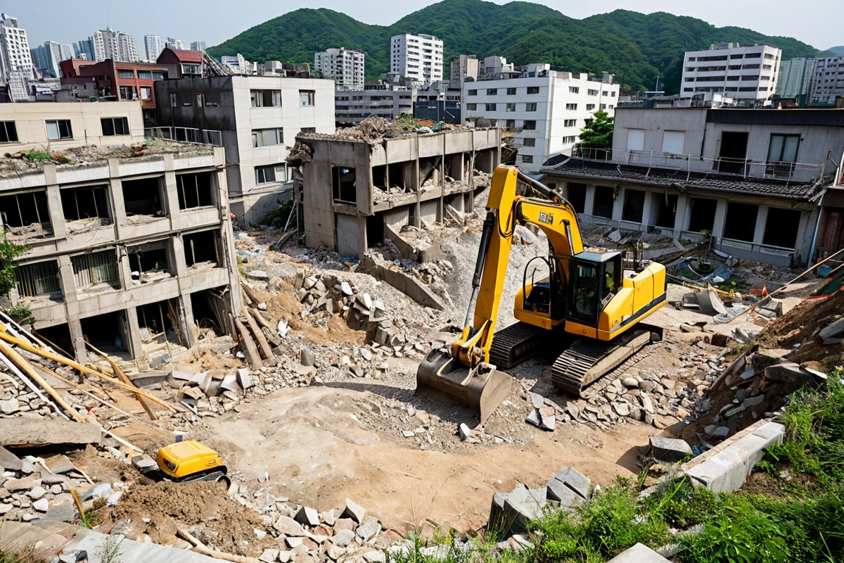 서울 봉천동의 일반적인 100㎡ 이하 주택 철거 현장. 철거 중인 건물의 외부 구조와 철거 장비가 정리된 모습. 철거 작업 중인 공사 현장의 흙먼지와 철거된 재료들이 흩어진 풍경.