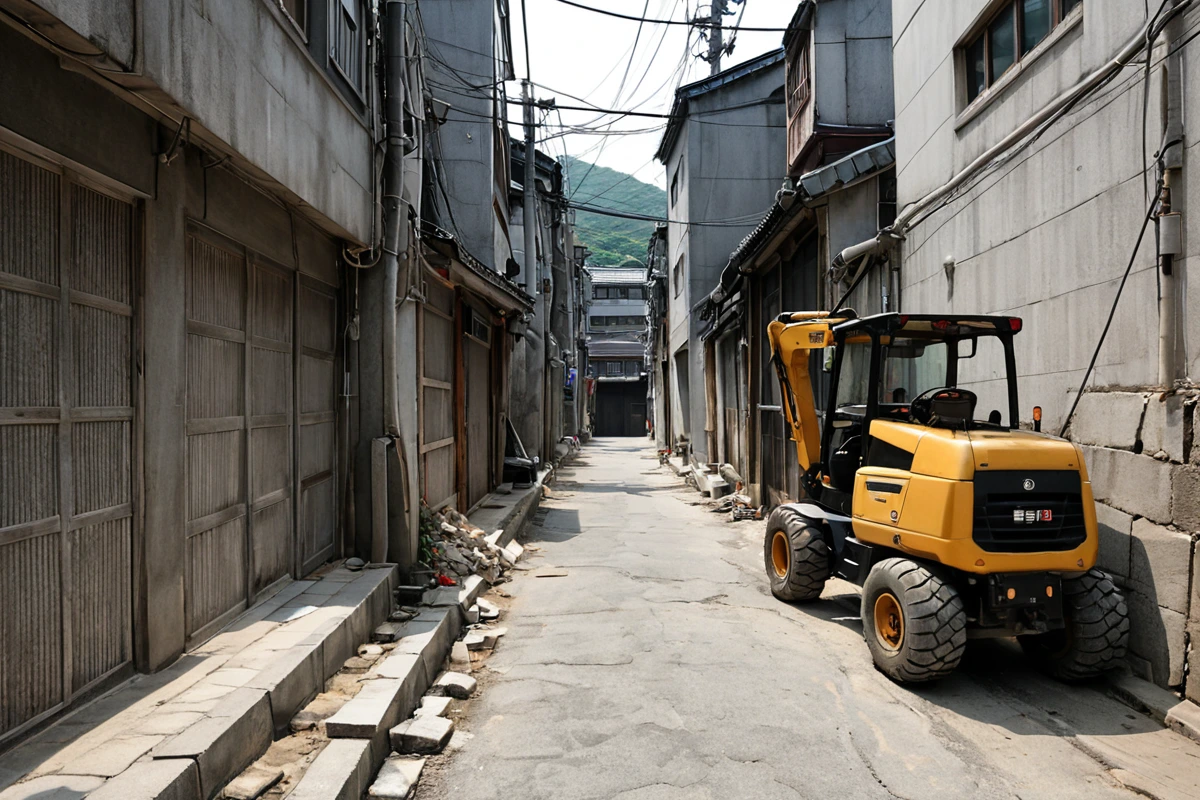 서울 봉천동의 좁은 골목길에서 철거 장비가 제한된 공간을 주의 깊게 이동하는 장면. 좁은 도로와 주변 건물의 근접한 모습이 보이며, 철거 장비의 바퀴가 미끄러지지 않도록 조심스럽게