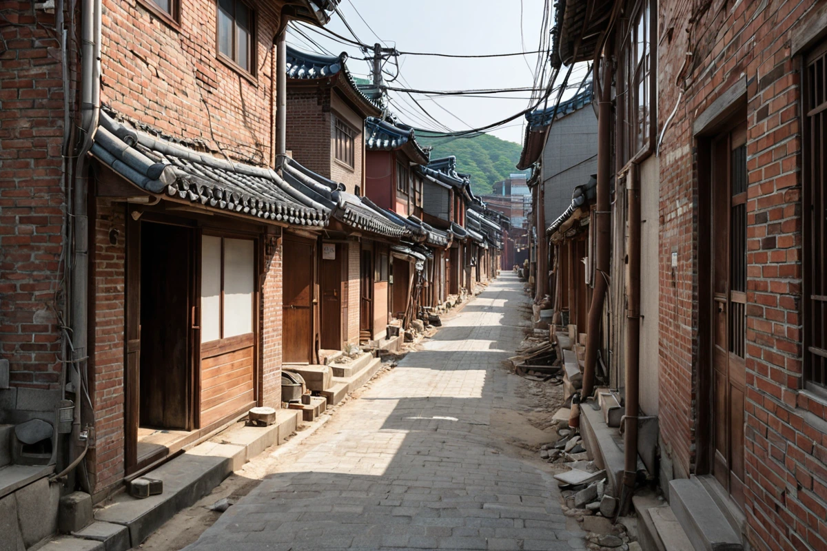 서울 봉천동의 좁은 골목에서 철거 장비가 주변 건물과의 간격을 조심스럽게 유지하며 이동하는 모습. 좁은 도로와 주변 건물의 구조가 자연스럽게 배경으로 나타남.