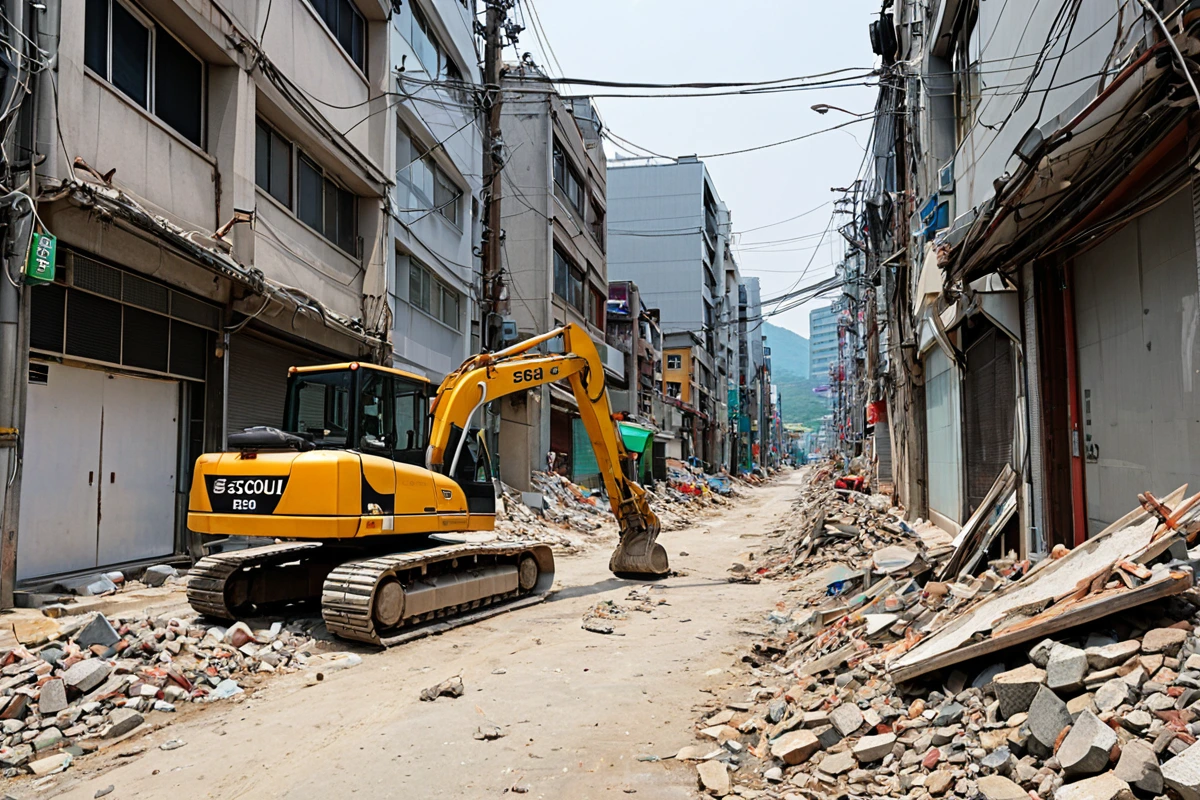 서울 봉천동의 좁은 도로에서 철거 작업을 위해 최소한의 장비만 사용하고 있는 현장, 구조물의 불필요한 재료가 미리 제거된 상태로 철거 장비가 정리되어 있는 모습