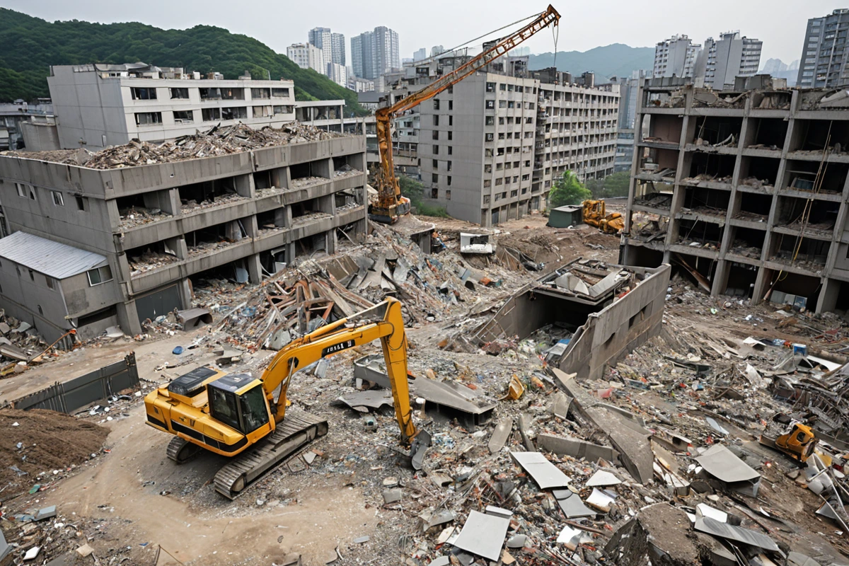 서울 봉천동의 주택 철거 비용 산정을 위한 구조 분석 도면과 함께 철거 과정에서 발생할 수 있는 추가 비용을 고려한 폐기물 처리 장소의 세부적인 모습. 건물 연식과 구조를 반영한 