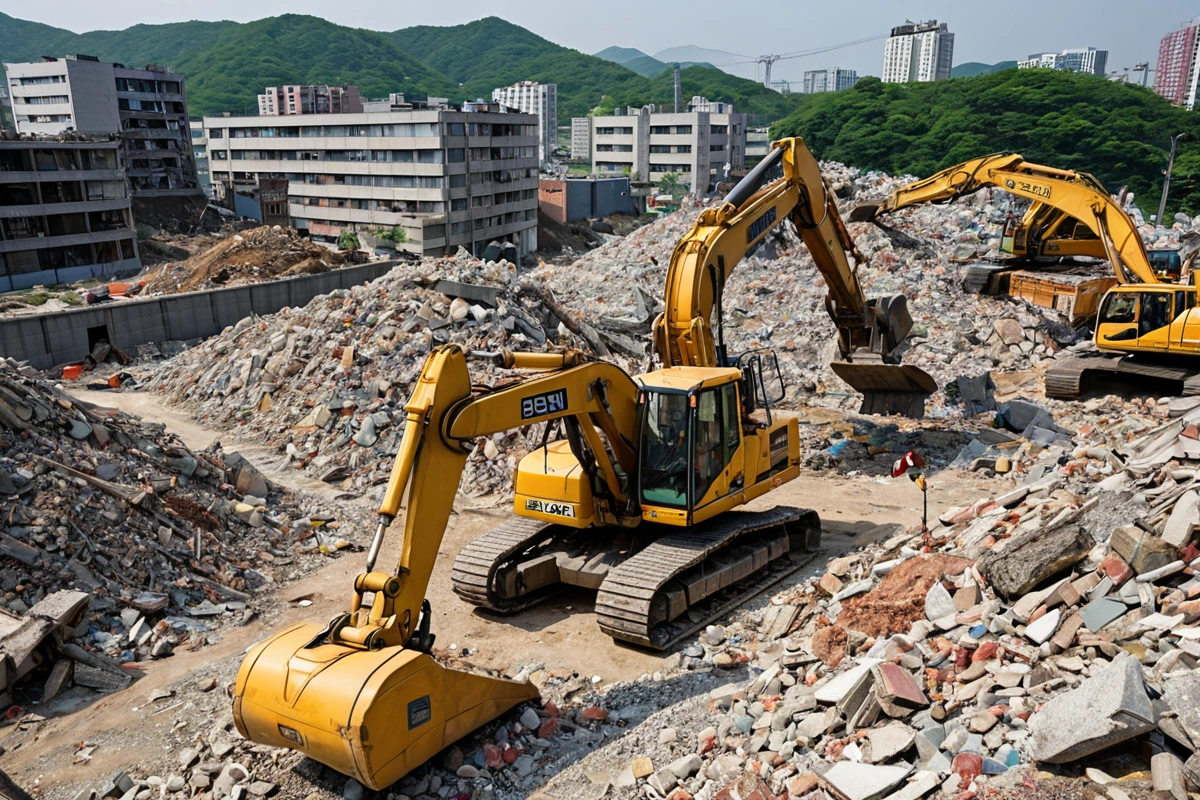 서울 봉천동의 주택 철거 현장에서 철거 작업 중인 장비와 철거된 건물 잔해가 정리된 모습, 철거 작업비와 폐기물 처리비를 나타내는 구체적인 장면