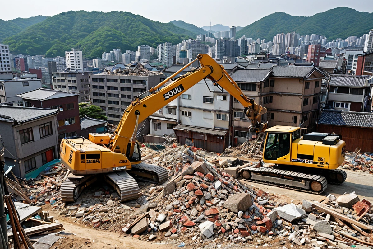 서울 봉천동의 중소형 건물 철거 현장, 철거 장비가 철거 중인 건물과 인근 주택가를 배경으로 정확히 위치한 모습, 인건비와 장비 비용을 고려한 철거 작업의 구조적 요소를 보여주는