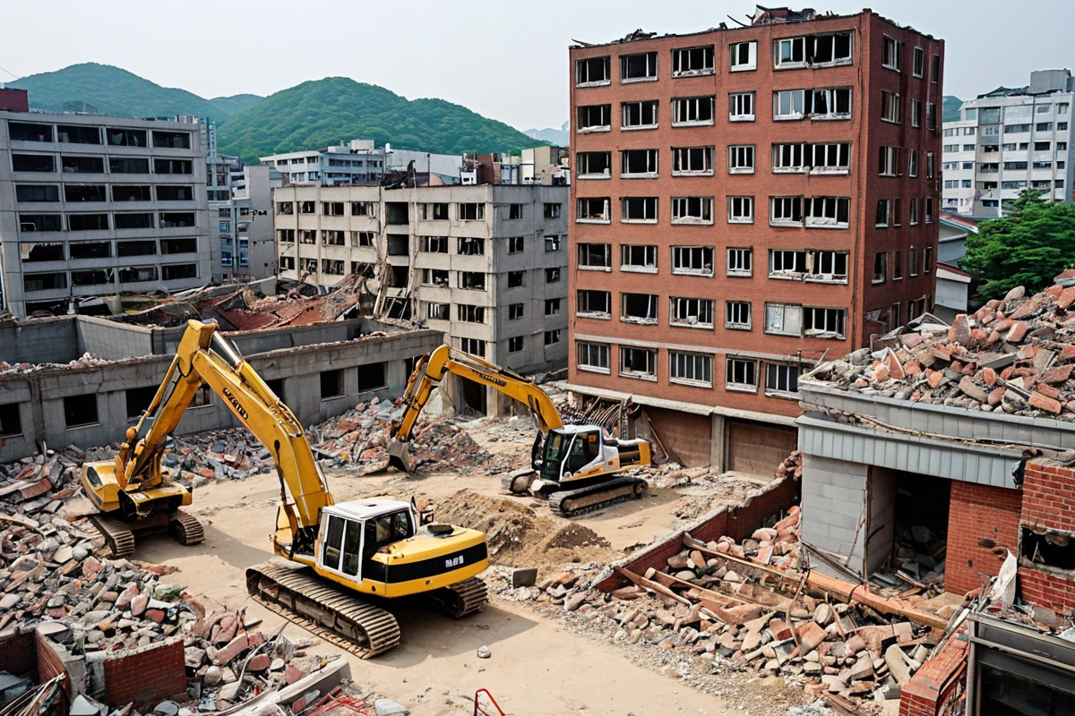 서울 봉천동의 중소형 주택 철거 현장에서, 건물의 구조와 연식을 고려한 철거 작업 중인 철거 장비와 분리된 철근, 콘크리트 조각이 정리된 모습. 건물 외벽에 1980년대 건축물의