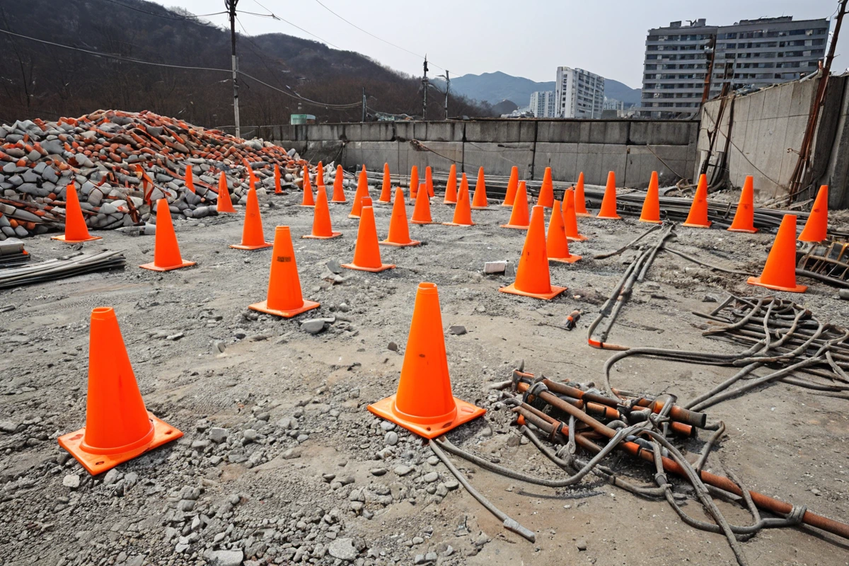 서울 봉천동의 철거 현장에서 전문가가 구조물의 안정성을 점검하는 모습. 철거 작업 전에 준비된 안전 장비와 현장의 철근 콘크리트 구조물이 자연스럽게 배경에 포함됨.
