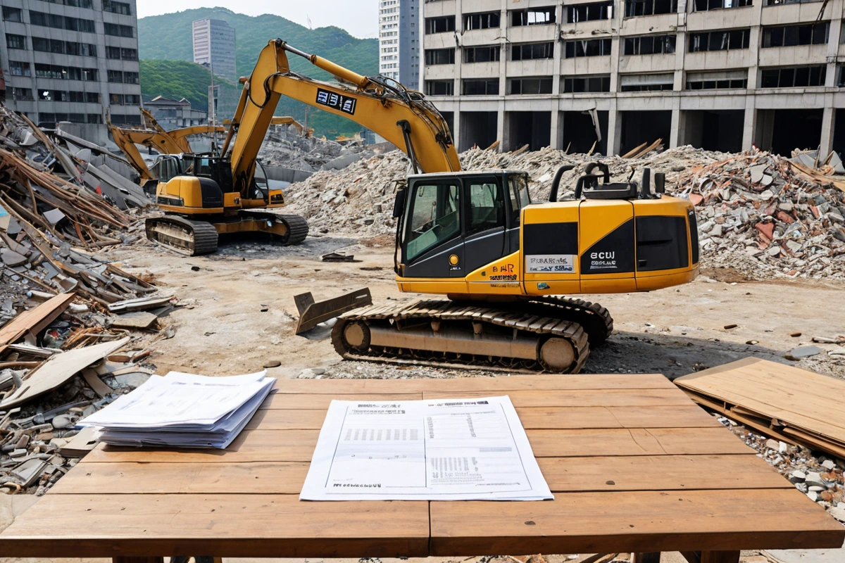 서울 봉천동의 철거 현장에서 철거 비용, 폐기물 처리 비용, 안전 관리 비용이 명확히 구분된 견적서가 테이블 위에 놓여 있는 모습. 견적서의 각 항목이 정확히 표기되어 있는 상황.
