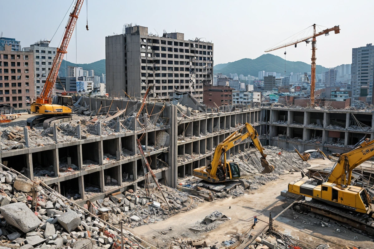 서울 봉천동의 한 상가 건물 철거 현장, 철거 작업 중 구조물의 안정성을 확인하기 위한 보강 구조물이 설치된 상태. 주변 건물과의 거리가 적절히 유지된 철거 현장의 전경.