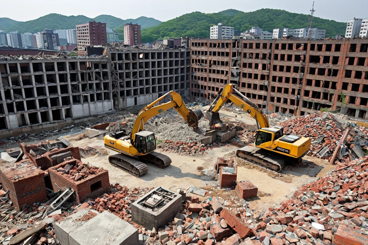 서울 봉천동 일반 주택과 응암동 공장 철거 현장의 비교 장면. 주택 철거 현장은 단순한 구조의 건물과 철거 장비가 배경에 위치하고, 공장 철거 현장은 대규모机械设备와 특수 구조물이