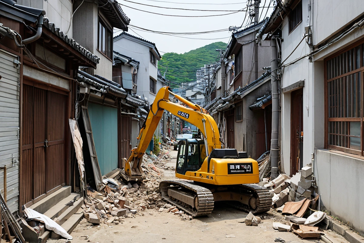 서울 봉천동 좁은 골목길에서 철거 작업을 위한 장비가 주변 주택과 조화롭게 배치된 모습, 주민의 이동을 방해하지 않는 철거 방식을 보여주는 실제적인 장면