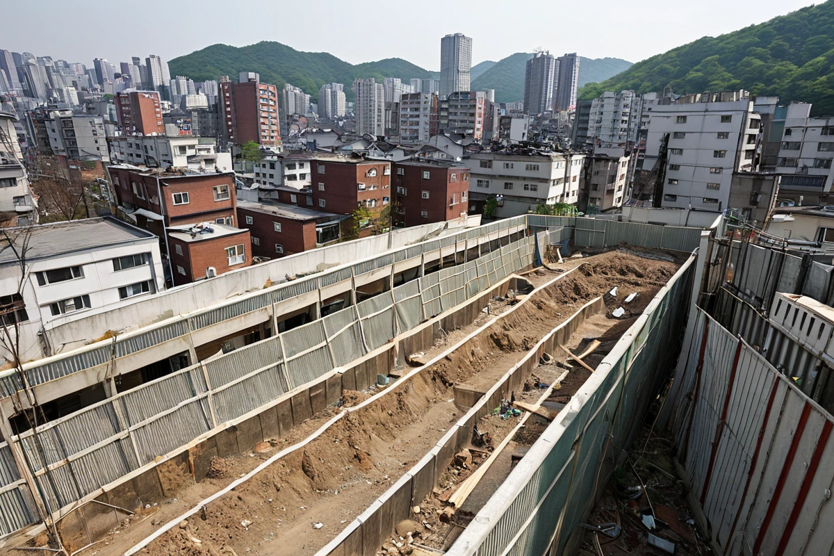 서울 봉천동 주거 밀집 지역에서 철거 작업 전 소음 방지 장치를 설치하는 현장. 주변 건물과의 거리가 적절히 유지된 철거 구역에서 소음 차단용 방음막이 설치된 모습.