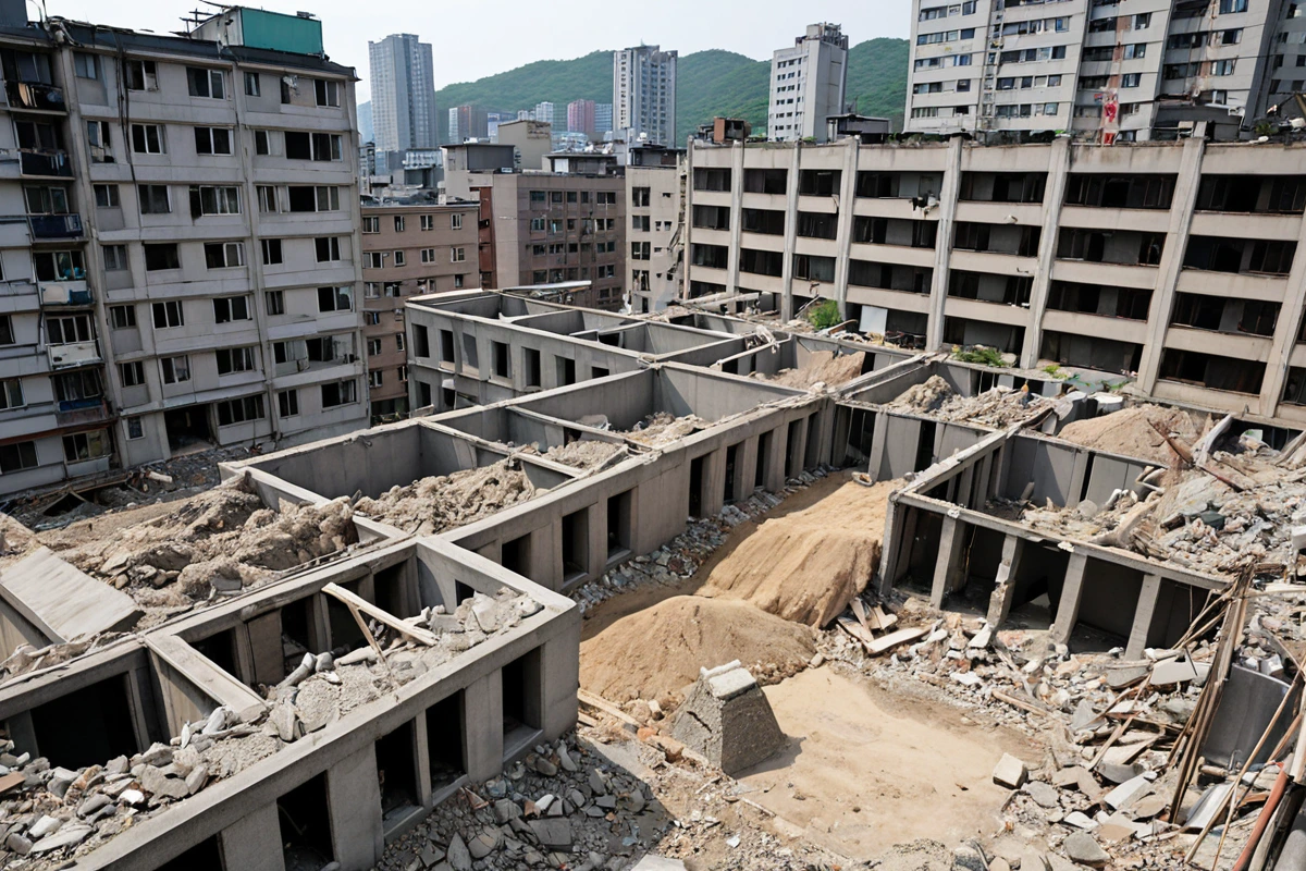 서울 봉천동 주거 밀집 지역의 철거 현장, 주변 건물과의 거리가 가까운 상황에서 철거 작업 중 소음과 먼지 방지를 위한 방진막이 설치된 모습. 철거 중인 건물의 일부 구조물이 보이