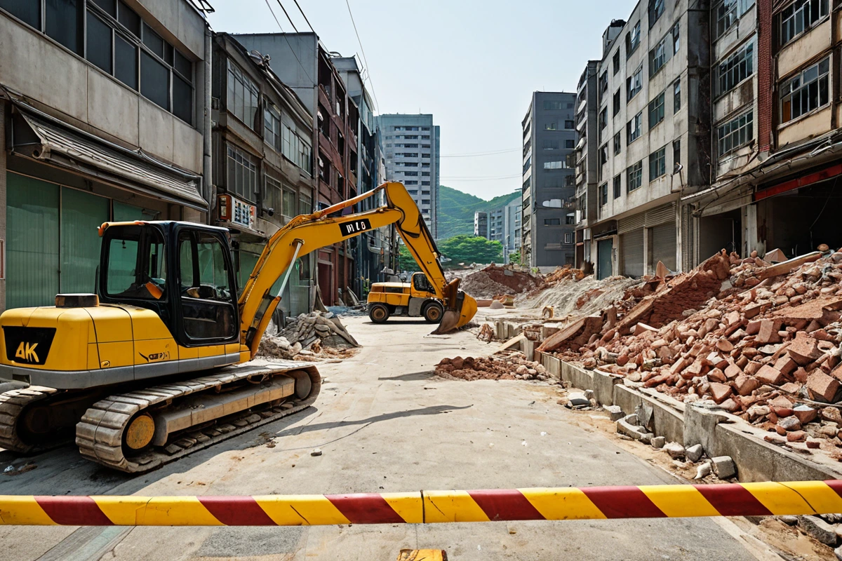 서울 봉천동 주거와 상업이 혼재된 거리에서 철거 작업 중인 장비가 주변 건물과 조화를 이룬 모습, 안전 경계선이 잘 정리된 철거 현장 배경