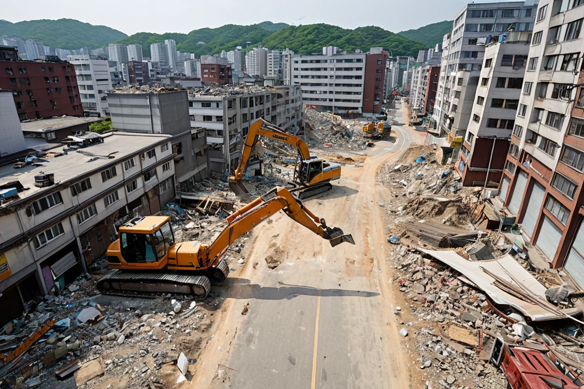 서울 봉천동 주거지 밀집 지역에서 철거 작업을 위한 이동 경로 분석을 위한 현장 사진. 철거 장비가 주변 건물과 거리가 적절히 유지된 상태로 정지해 있는 모습, 주변 환경의 구조와