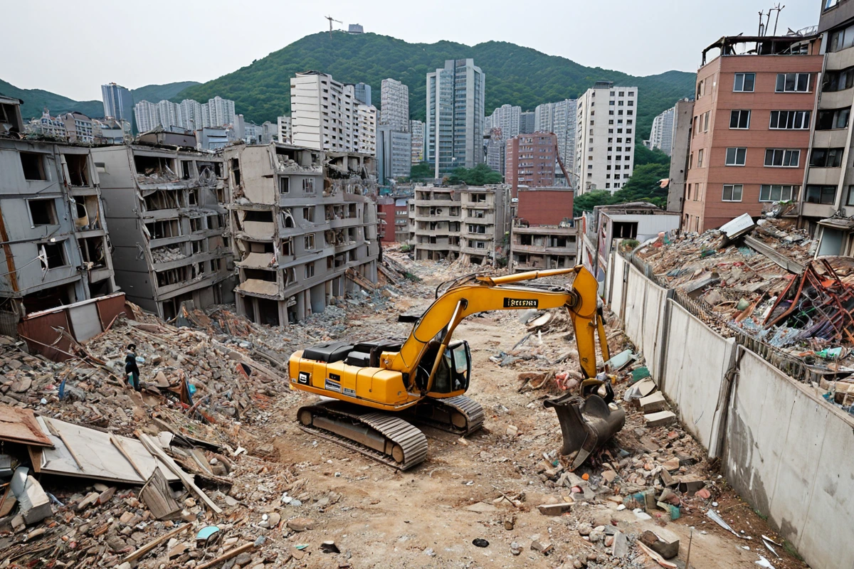 서울 봉천동 주거지 밀집 지역의 철거 현장, 주변 건물과의 거리를 고려한 안전한 철거 작업 중인 장비와 철거된 구조물이 정리된 모습, 주변 건물에 미치는 영향을 최소화한 실제 현장