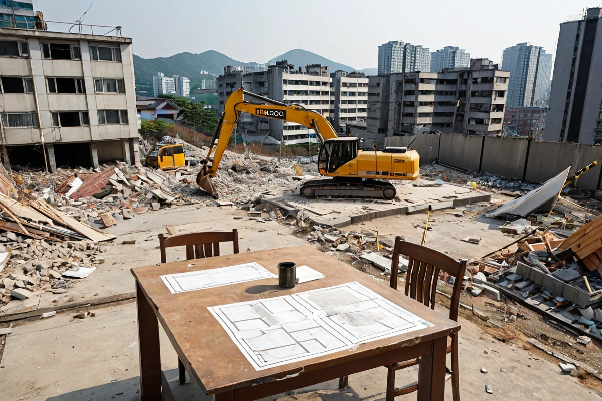 서울 봉천동 주거 지역에서 진행 중인 주택 철거 현장, 철거 준비 단계에서 철거 허가서와 관련 문서가 놓여진 테이블 위의 철거 계획도, 주변에 주민과의 협의를 위한 안내문이 붙은 