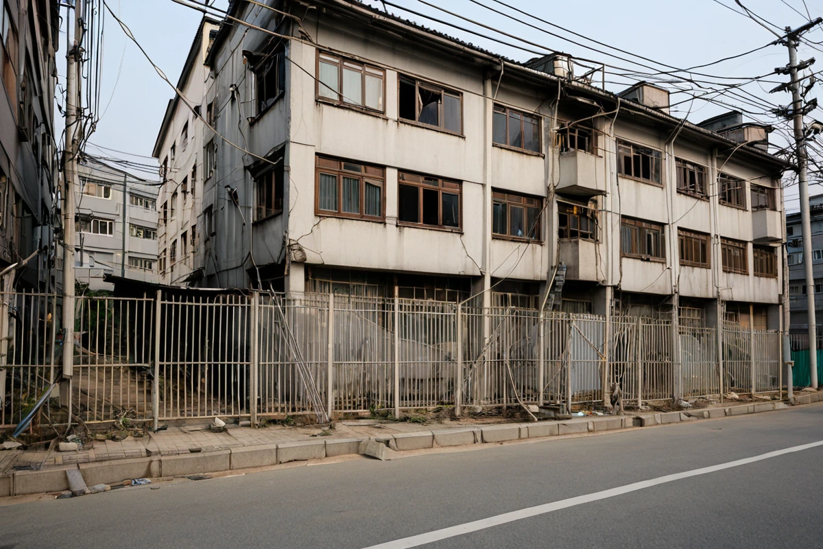서울 봉천동 주거지역에서 철거 작업 전 구조물 안정성 점검을 위한 전문가의 검사 장비가 놓여 있는 모습. 철거 예정 건물의 구조적 결함 부분에 라이트가 비추고, 주변에는 철거 작업