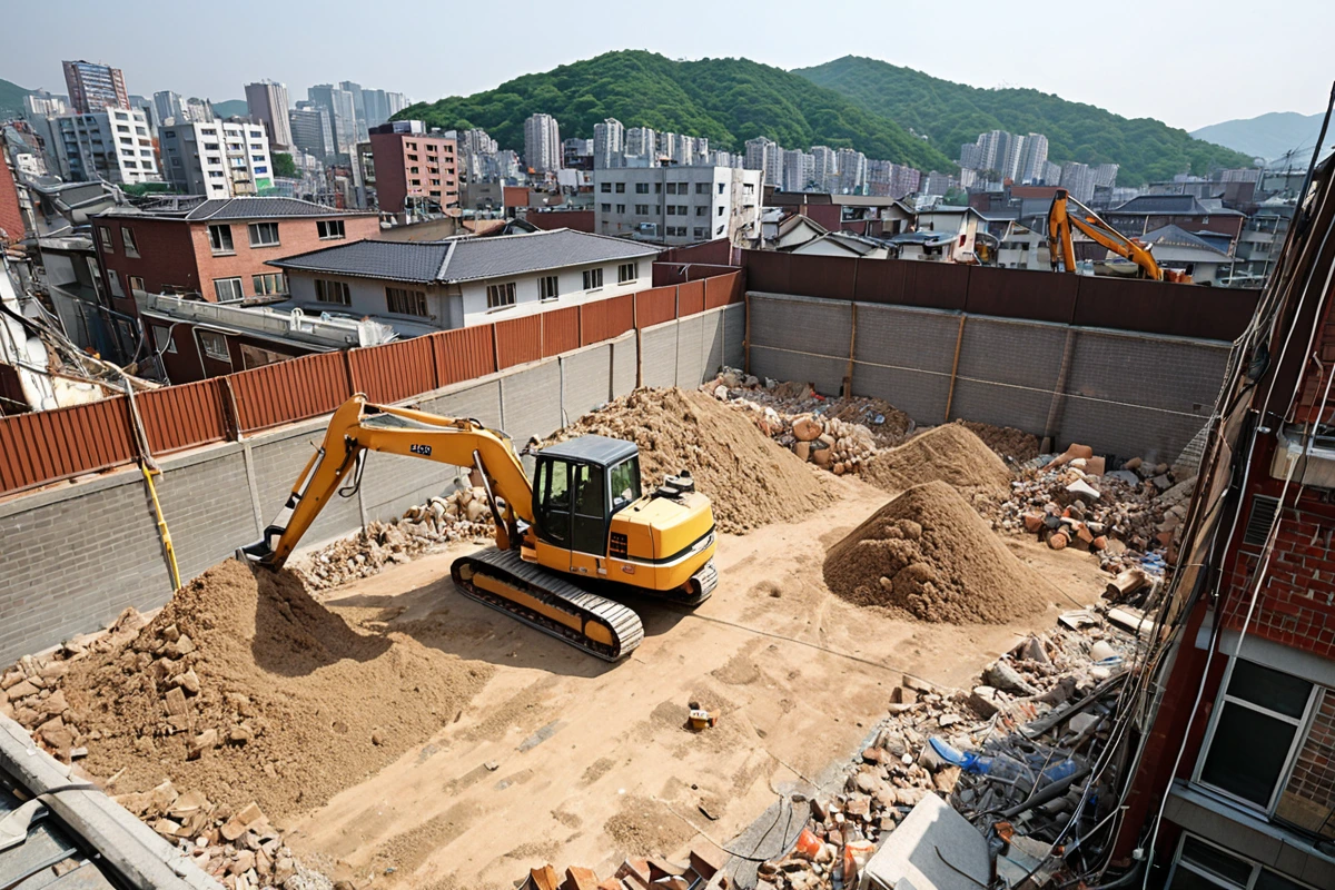 서울 봉천동 주거 지역에서 철거 작업 중 소음과 먼지를 방지하기 위한 철저한 차단막과 먼지 방지 시스템이 설치된 현장. 주변 주택과 거리가 가까운 상황에서 철거 작업이 안전하게 진