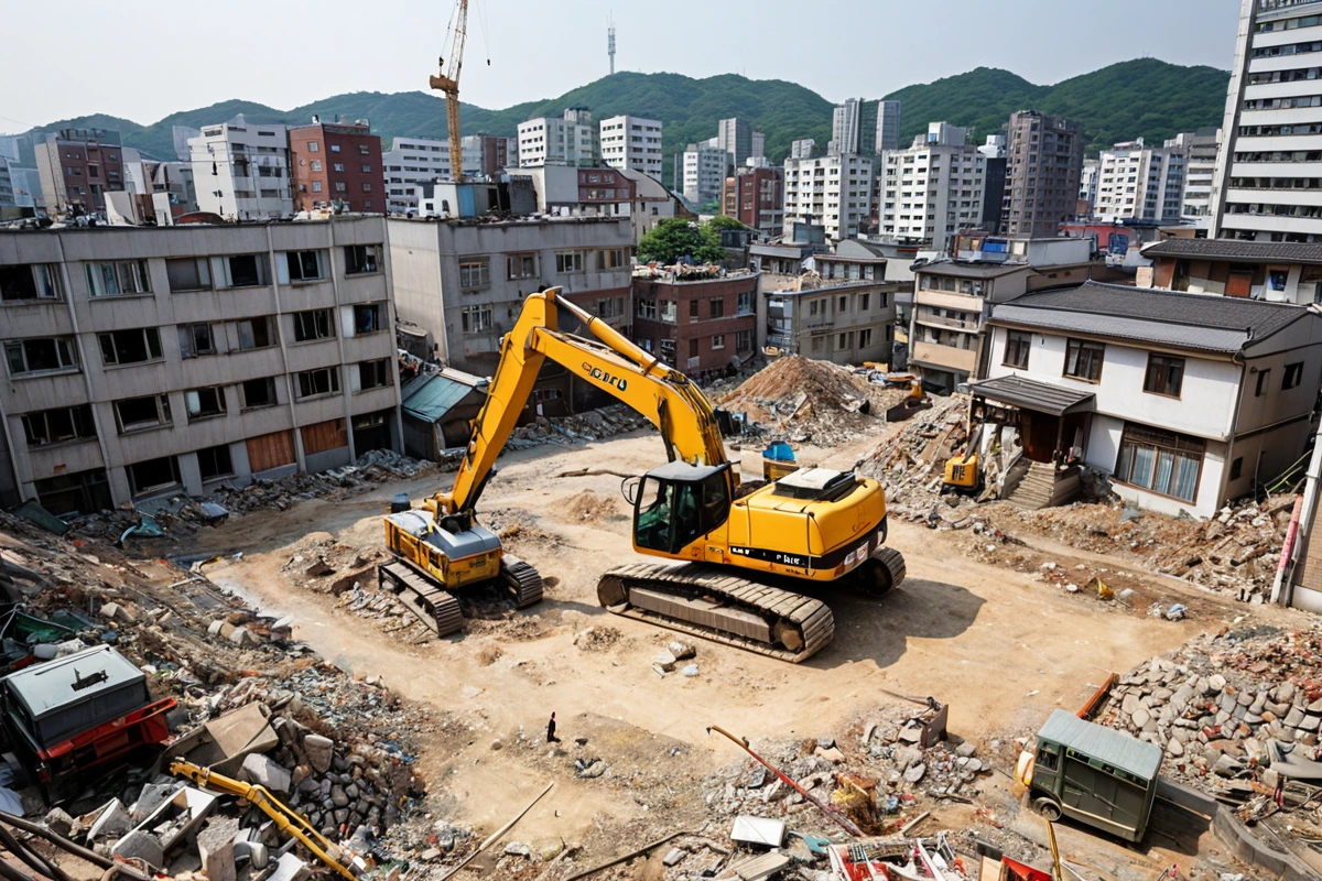 서울 봉천동 주거 지역에서 철거 작업 중인 철거 장비가 주변 건물과 조화를 이룬 모습. 소음과 진동을 최소화하기 위해 작업 시간 조정이 이루어진 철거 현장.