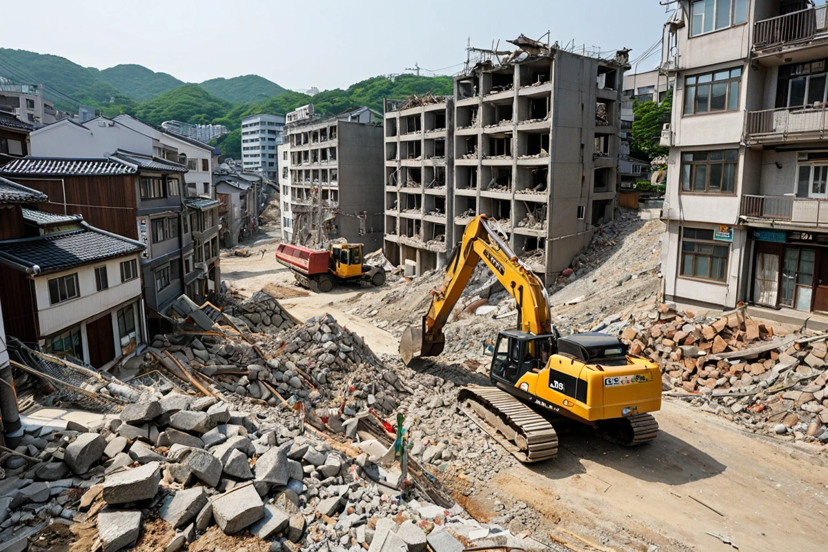 서울 봉천동 주거 지역의 3층 주택 철거 현장, 철근 콘크리트 구조의 잔해가 정리된 가운데 철거 장비가 준비되어 있는 모습, 주변에 주택가의 풍경이 보입니다.