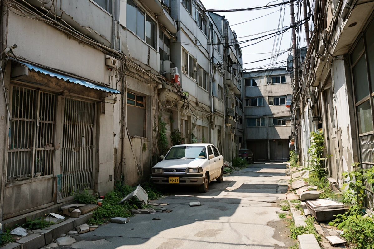 서울 봉천동 주거지역의 복잡한 도로와 주변 건물이 보이는 철거 작업 전 경로 분석 장면, 주변 건물의 노후화된 외벽과 좁은 도로가 철거 차량 이동을 방해하는 모습을 자연스럽게 묘사