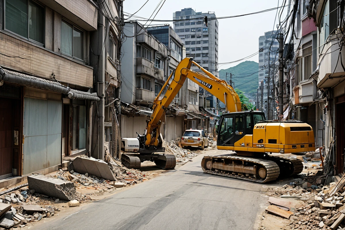 서울 봉천동 주거지역의 좁은 도로 위에 서 있는 철거 장비가 주변 밀집한 건물과 어우러진 장면, 좁은 길에서 철거 작업을 진행하는 모습