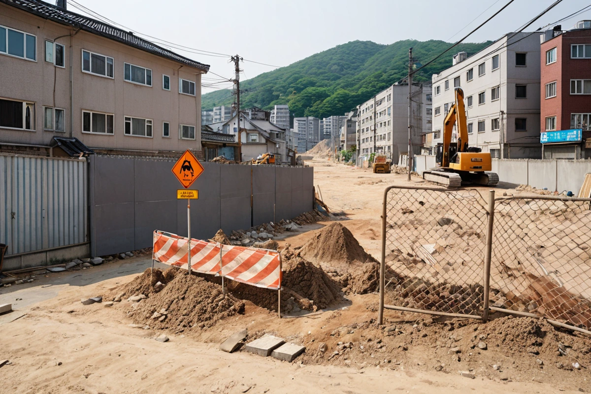 서울 봉천동 주거 지역의 철거 예정 건물 주변에서 소음과 먼지 관리를 위한 작업 계획이 작성된 표지판이 세워진 모습. 주변 주거 건물과 철거 현장을 구분하는 방지망이 설치된 주거