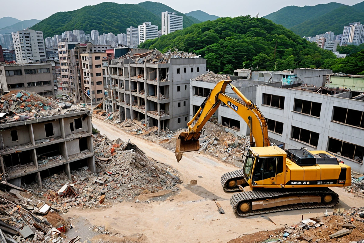 서울 봉천동 주거 지역의 철거 작업 중, 주변 건물과의 거리가 유지된 철거 현장. 철거 장비가 안전하게 설치된 상태로 주변 환경과 조화를 이룬 자연스러운 장면.