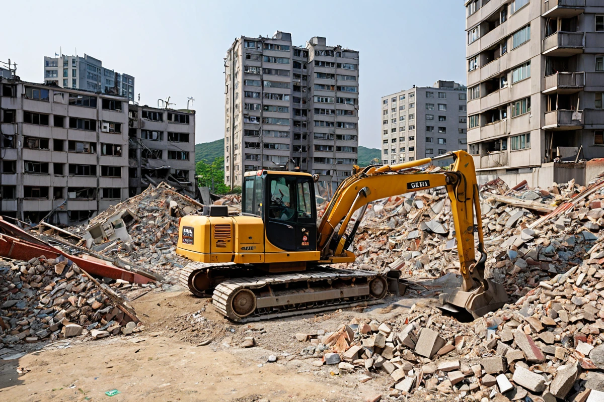 서울 봉천동 주거 지역의 철거 작업 현장. 오전 9시부터 오후 6시까지 작업 중인 철거 장비가 소음 방지 장치를 장착한 채로 정지해 있는 모습. 주변 주택과의 거리가 적당히 유지된