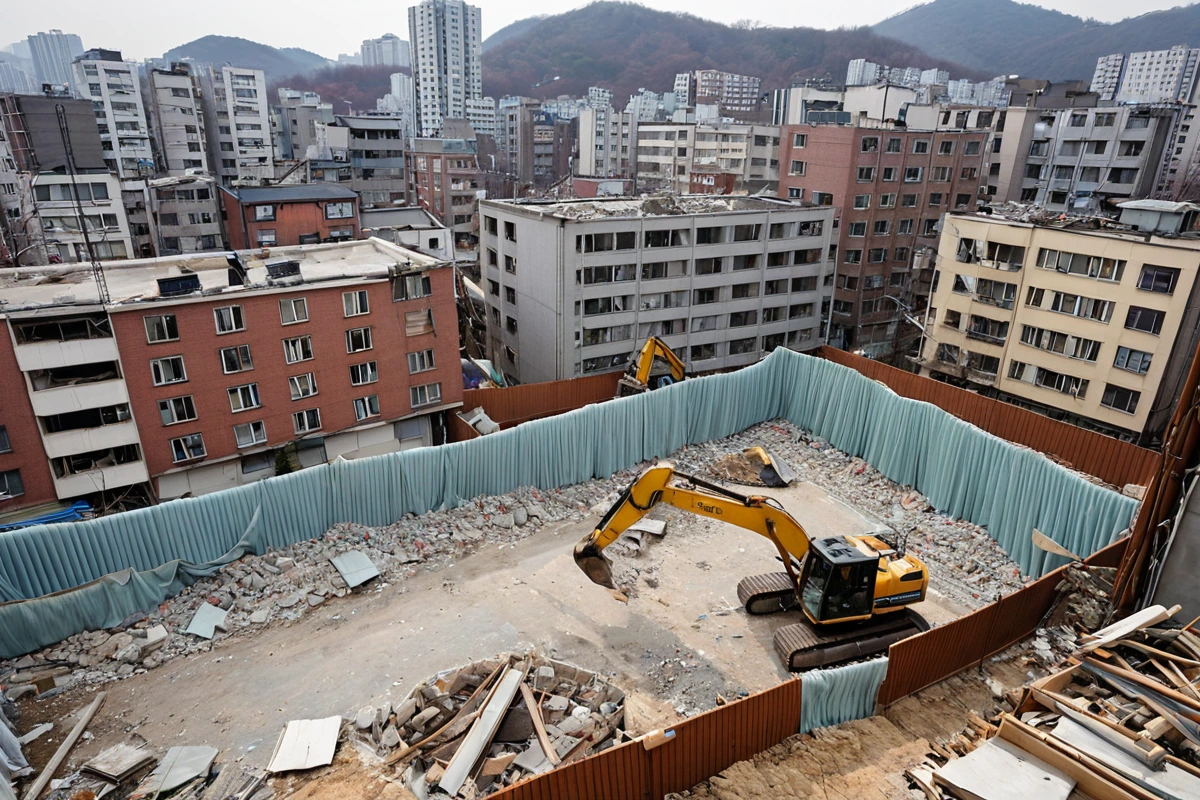 서울 봉천동 주거지역의 철거 작업 현장, 주변 건물과의 거리가 유지된 채로 철거 장비가 소음 차단용 방음막으로 감싸진 상태, 주민이 거주하는 아파트 창문에서 철거 작업이 조용히 진