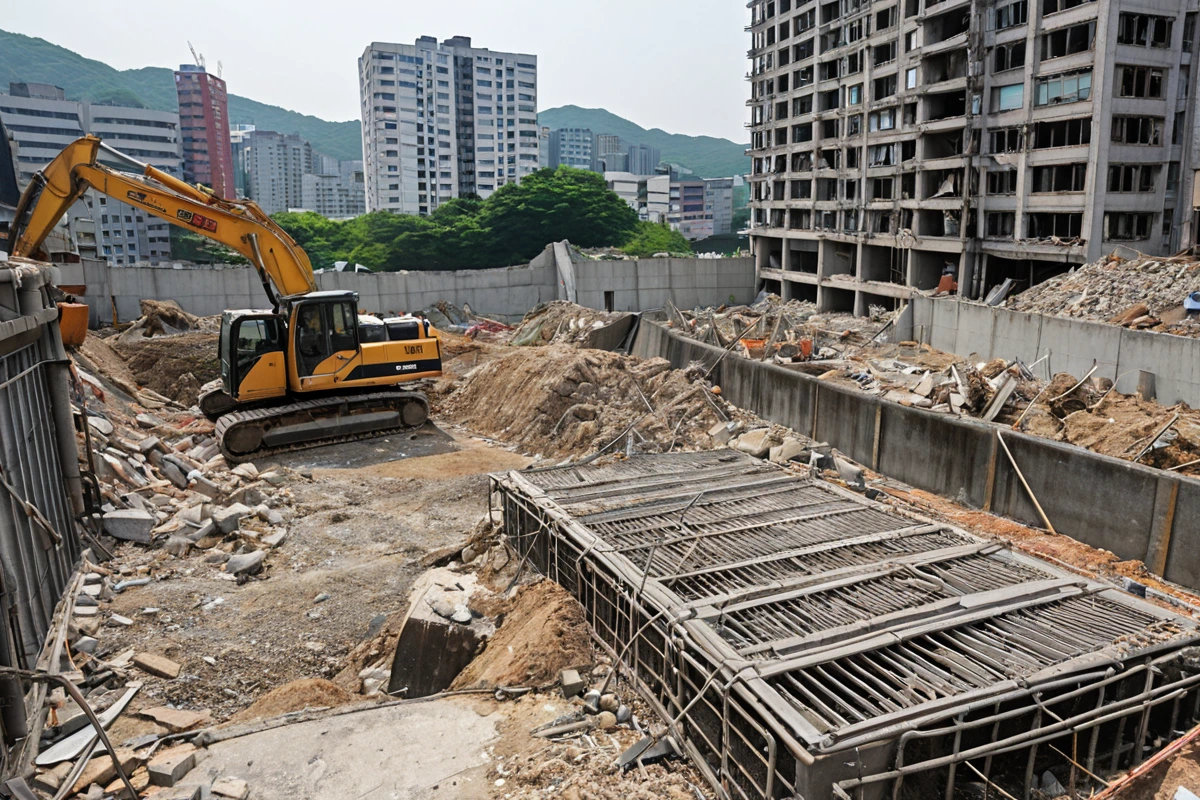 서울 봉천동 주거 지역의 철거 현장에서, 철거 장비가 철근콘크리트 구조물의 일부를 정리하는 장면. 주변에 주민과의 협의를 위한 안내 표지판이 없고, 소음 관리용 방음막이 설치된 모