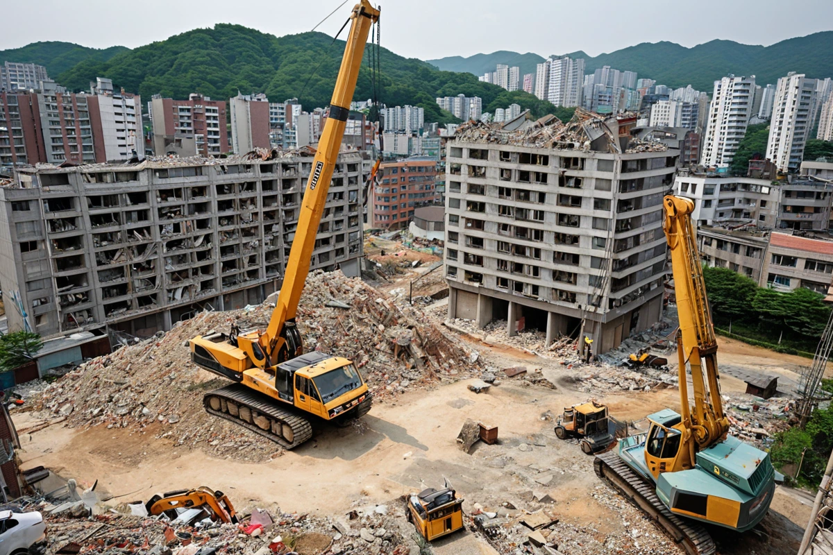 서울 봉천동 주거 지역의 철거 현장, 주변 건물과 도로가 보이는 평화로운 모습. 철거 작업 중인 크레인과 철거 장비가 정리된 상태로 배치되어 있습니다.