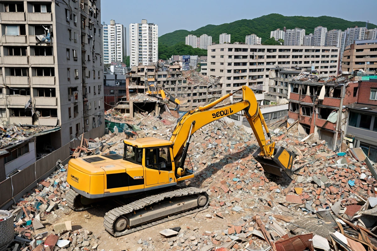 서울 봉천동 주거 지역의 철거 현장, 주변 건물과 자연스러운 조화를 이룬 철거 작업 중인 장비와 철거된 구조물의 잔해가 정리된 모습, 소음 방지 차폐막이 설치된 상태