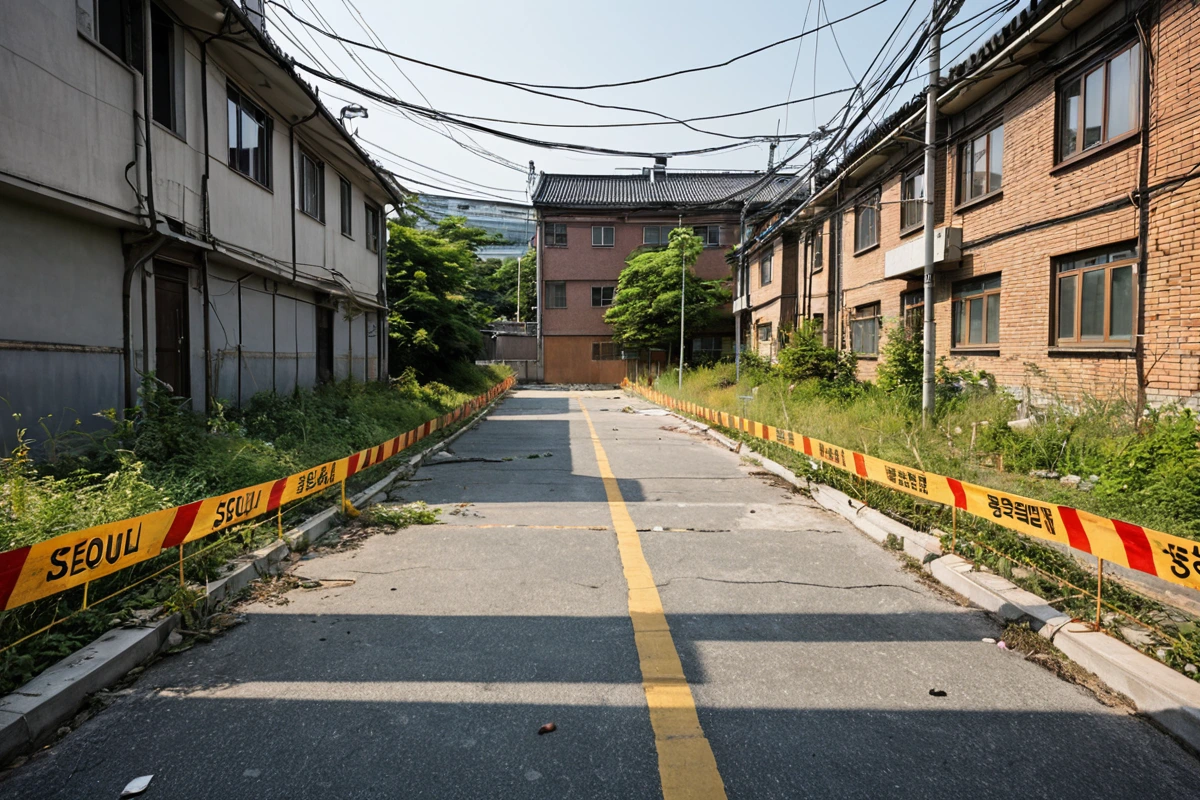 서울 봉천동 주거지역의 철거 현장 주변, 인접한 2층 주택과 도로가 보이는 평면도, 철거 작업을 위한 안전 울타리가 설치된 현장의 정확한 주변 환경을 보여주는 사진