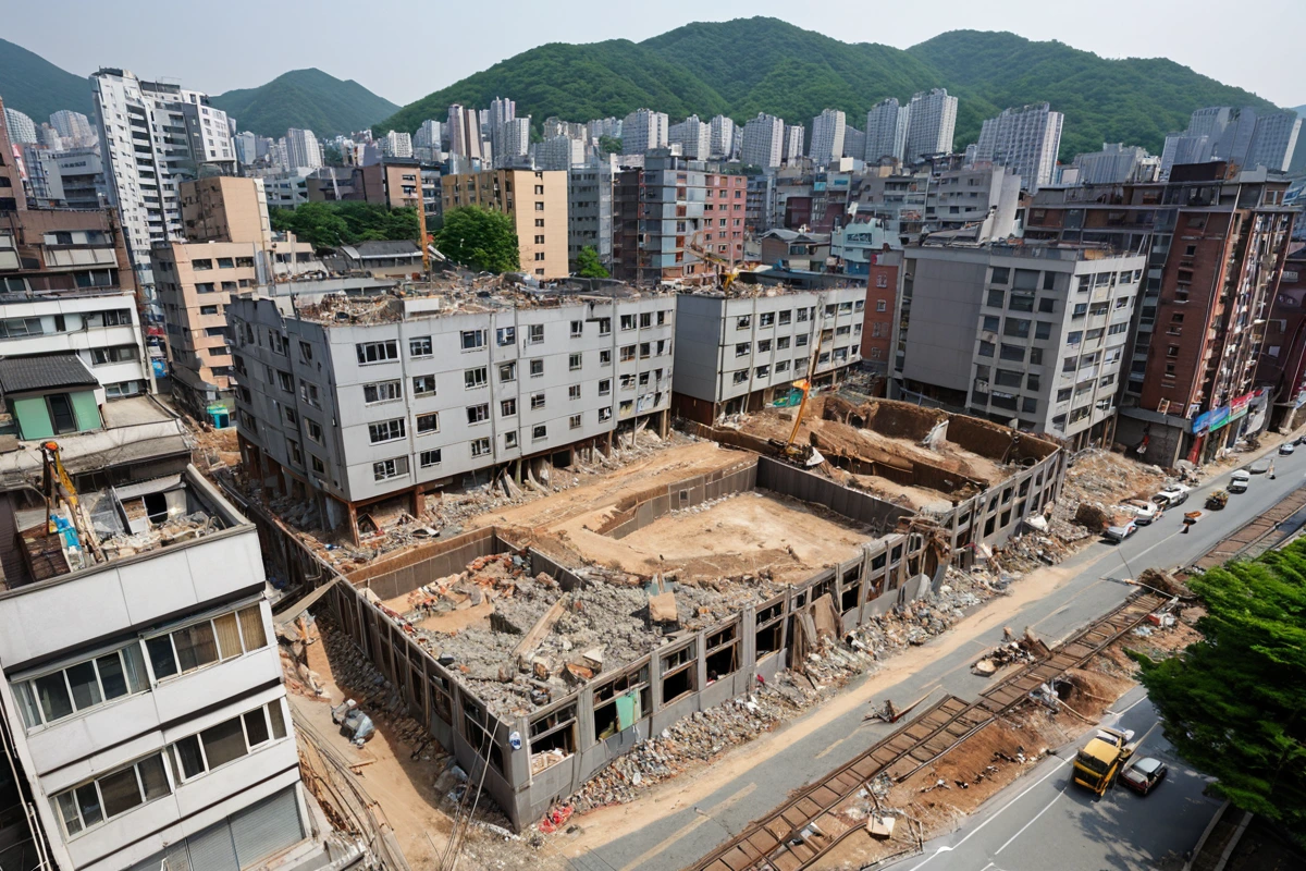 서울 봉천동 주거지와 상업지가 혼재된 구역에서 철거 작업 전 주변 건물 보호를 위한 보강 작업이 진행 중인 장면. 보강재로 덮인 건물과 철거 예정 건물 간 경계선이 명확히 보이는