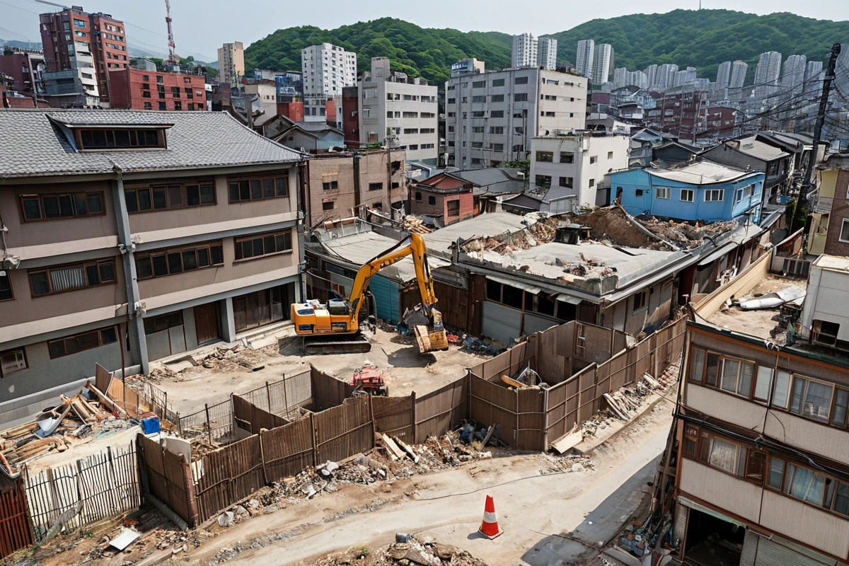 서울 봉천동 주거지와 상업지가 혼재한 지역에서 철거 작업 전 주변 건물 보호를 위한 안전 울타리와 철거 장비가 정리된 모습. 주변 건물과 철거 장비가 조화롭게 배치된 실제적인 현장