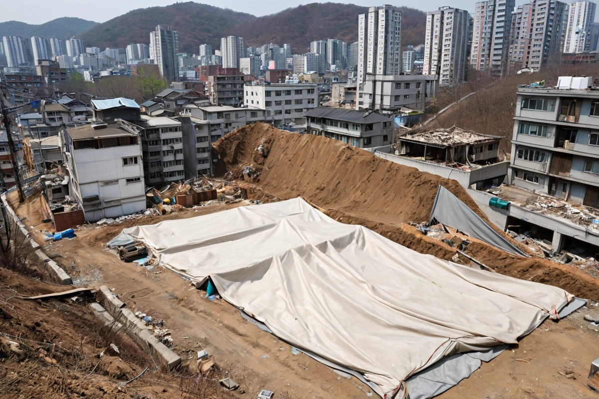 서울 봉천동 주거지 인근 철거 현장에서, 주민 불편을 최소화하기 위해 설치된 방진 천막과 주변 주택의 외관이 보이는 장면. 철거 작업 중 발생할 수 있는 먼지와 진동을 차단하기 위