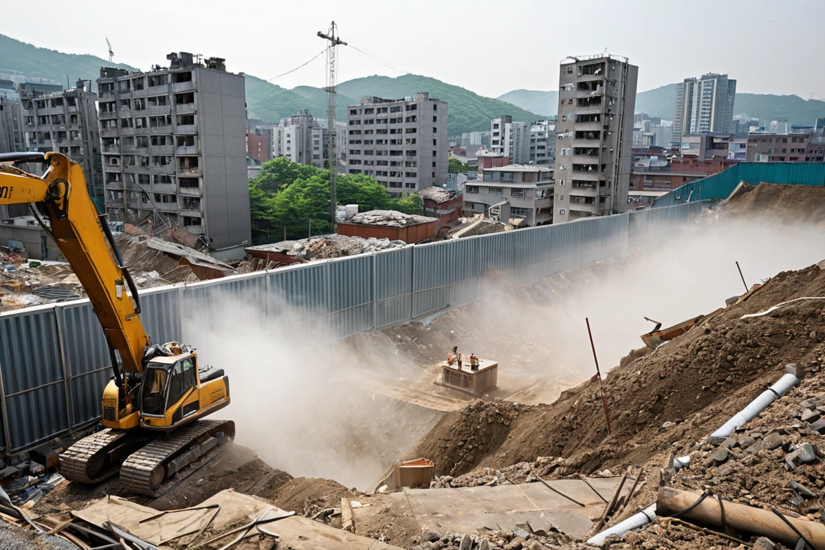 서울 봉천동 주민 밀집 지역에서 철거 작업 중인 공사장 주변에 설치된 소음 차단용 방음막과 먼지 제어를 위한 물 분무 장치가 조화롭게 배치된 모습. 주변 건물과의 거리가 유지된 철