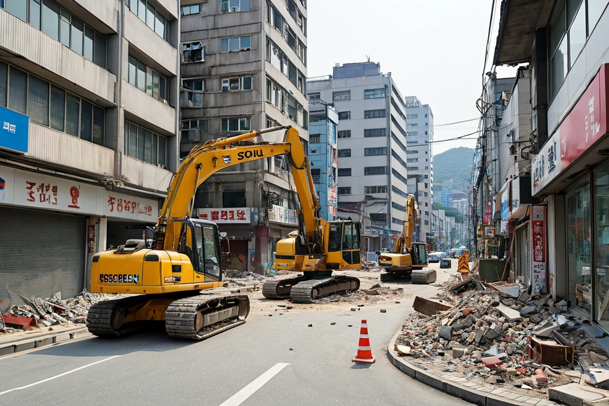 서울 봉천동 주변 상가 밀집지역의 철거 현장, 교통 흐름이 원활하지 않은 도로 위에 철거 장비가 세워져 있고 주변 건물의 간판이 보이는 모습. 주변 상가의 유리창과 상점 진열대가