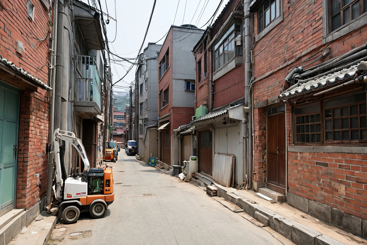 서울 봉천동 주택가에서 좁은 도로와 주변 건물이 가까이 위치한 현장. 좁은 길에 주차된 소형 철거 장비와 주변 건물의 벽면이 보이는 모습. 건물과의 거리가 좁은 특성을 보여주는 자