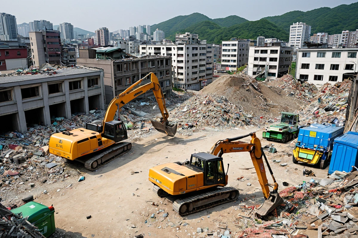 서울 봉천동 주택가의 철거 현장, 구조물의 규모와 상태를 보여주는 사진. 주변 건물과의 거리와 소음 규제를 고려한 철거 장비가 정리된 상태로, 폐기물 처리 차량이 대기 중인 모습.