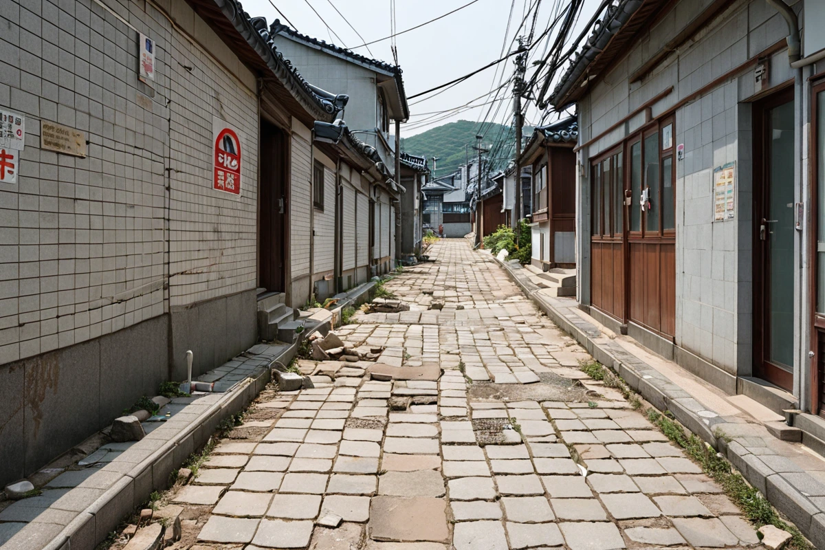 서울 봉천동 주택가의 흙길과 낡은 외벽을 가진 단독 주택, 주변에 철거 작업을 위한 울타리와 안전 표지판이 설치되어 있는 모습. 건물 외벽에 흠집과 오래된 타일이 보이고, 주변 도