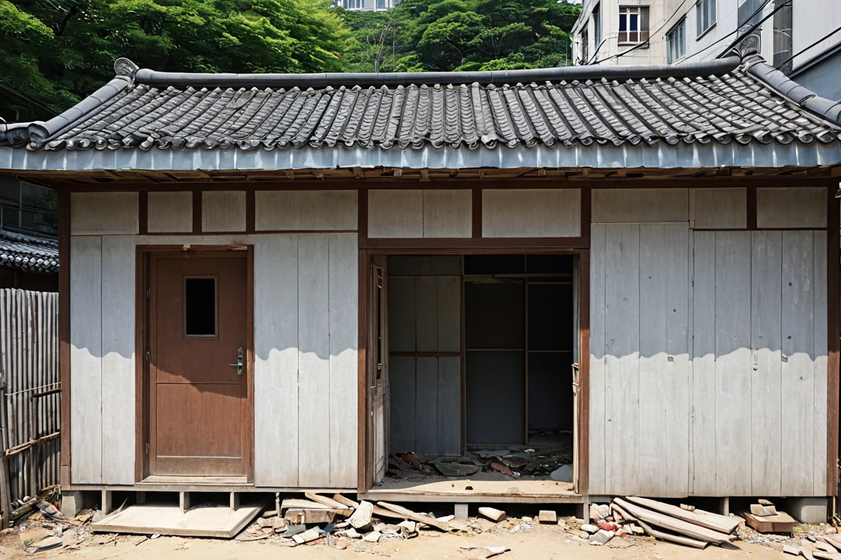 서울 봉천동 주택의 외부와 내부 구조가 보이는 일반적인 주택 철거 전 모습. 철거 작업을 위한 준비가 된 주택의 구조와 평수에 맞는 건물 외관이 자연스럽게 드러나는 장면.