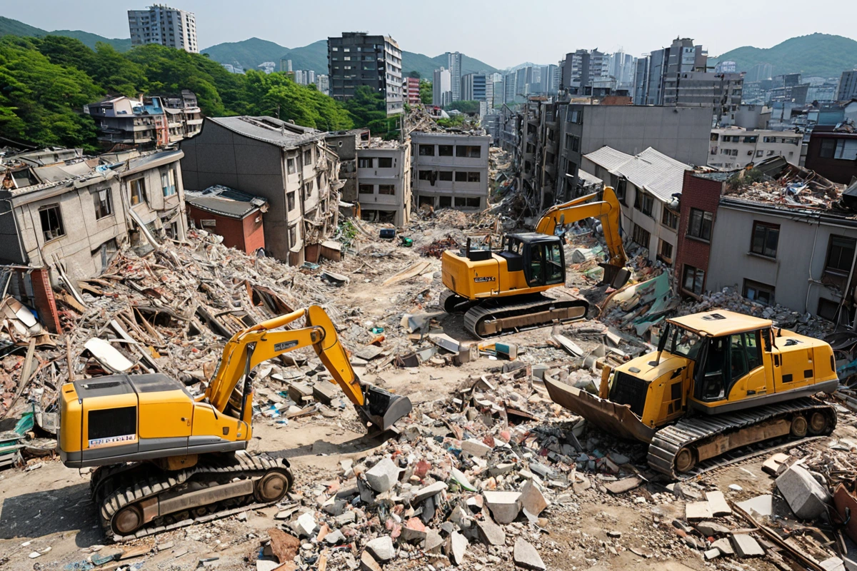서울 봉천동 주택의 일부 구역에서 진행 중인 철거 작업 현장, 철거된 구조물의 잔해와 아직 남아 있는 건축물의 일부가 조화롭게 배치된 모습, 자연스러운 햇빛 아래 철거 장비가 정리