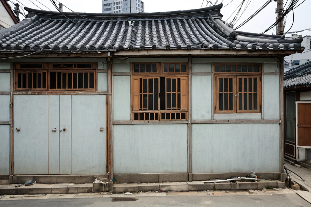 서울 봉천동 주택의 칸막이 철거 전 안전 점검 현장. 구조물 연결부와 전기 시설이 노출된 칸막이 구조물. 배경에는 봉천동 지역의 주택 외관이 보입니다.
