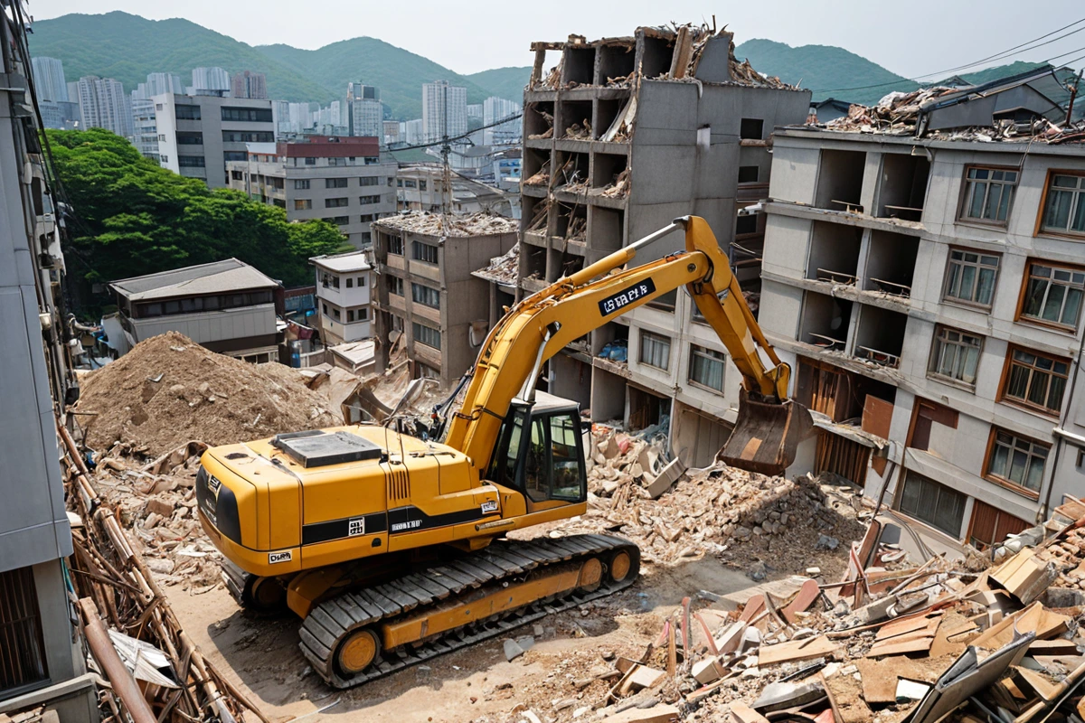 서울 봉천동 주택지역에서 기계 철거 작업 중인 장비가 정확히 보이는 장면, 철거 중인 건물의 일부와 기계의 크기 비율이 자연스러운 모습, 흙먼지가 가볍게 날리는 공중의 입자들이 보
